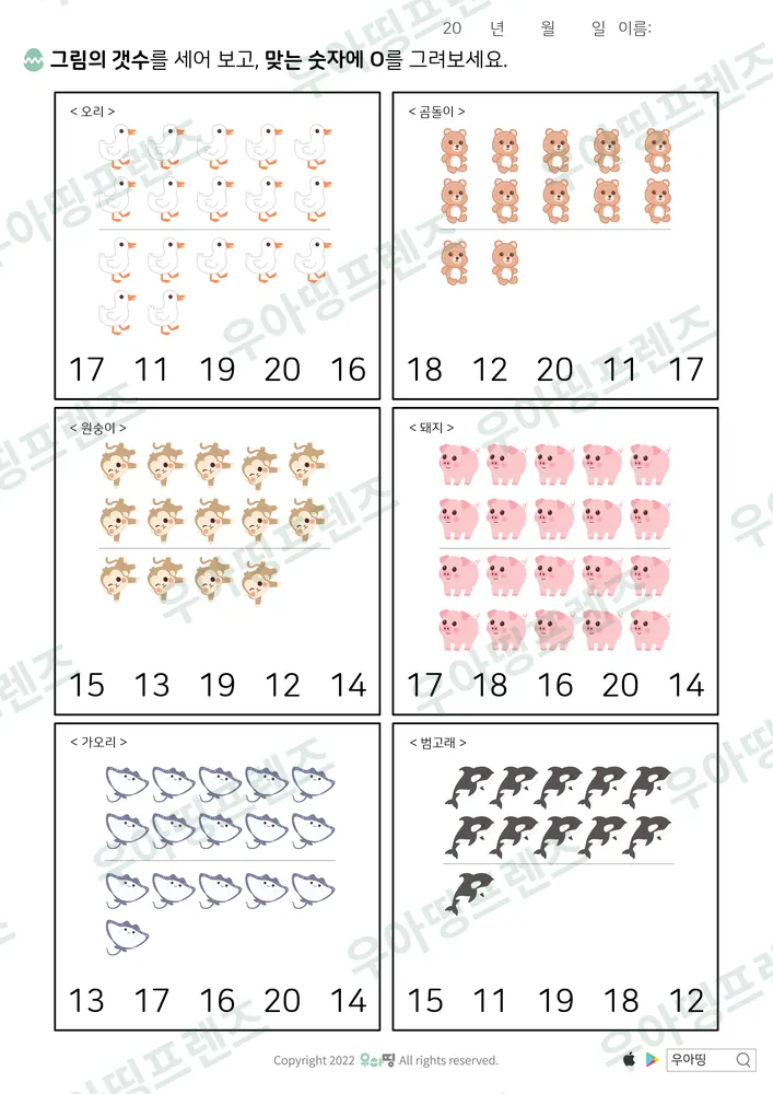 범고래 등 11~20 개수 고르기 도안 미리보기