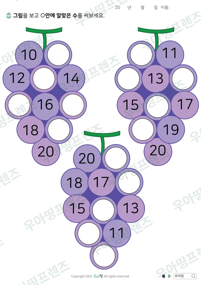 포도송이 10부터 20 수 순서 도안 미리보기
